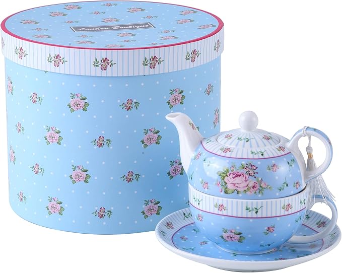 London Boutique Tea for One Teapot Cup saucer Set Vintage Flora Rose New Bone China Gift Box (Rose Blue)