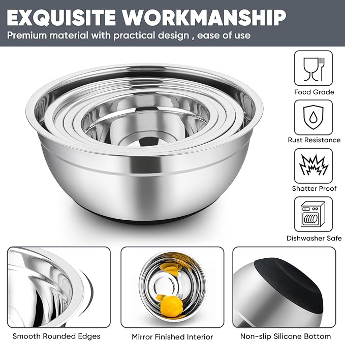 TeamFar Mixing Bowls with Lids Set, 7/3.5/2.5/1.5/1 QT, Stainless Steel Large Metal Salad Nesting Bowl, Non-Slip Silicone Bottom & Airtight Lid, Healthy & Deep - Set of 5(Black)