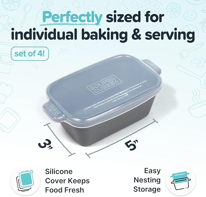 Souper Cubes Stoneware - Small Ceramic 5" x 3" Baking Dish with Silicone Covers, Small Baking Dishes for Oven Perfect for Reheating Single Serve Portions, Set of 4 - Charcoal
