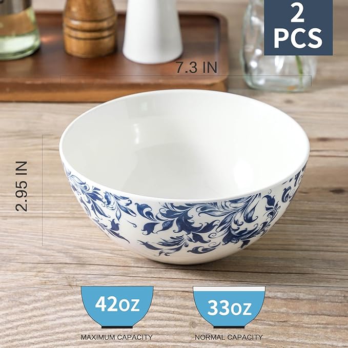 ramen bowl, salad bowl，mixing bowls，ceramic bowls, large cereal bowls, Large Soup Bowl, Pho Bowls, Fruit, Microwave Dishwasher Safe, 7 inch Blue and White 2 pack