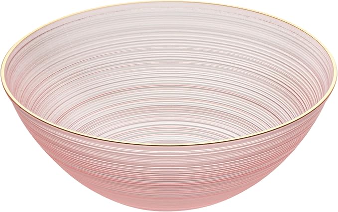 Restaurantware Plastic Bowls 100 Pcs 16 oz Gold Rimmed Disposable Soup Bowls Heavy-Duty Pink Translucent Rippled Dinnerware Containers for Party, Desserts, Salads, Snacks, and Catering