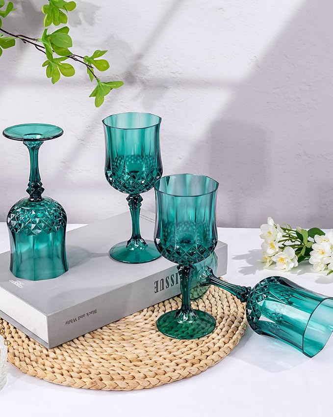 Ciaell 24PCS Green Plastic Wine Glasses - 7 Oz Plastic Goblets for Party - Green Vintage Drinking Glasses - Disposable Water Goblets Set for Wedding, Bar, Wine, Beer, Juice, Cocktail, Christmas