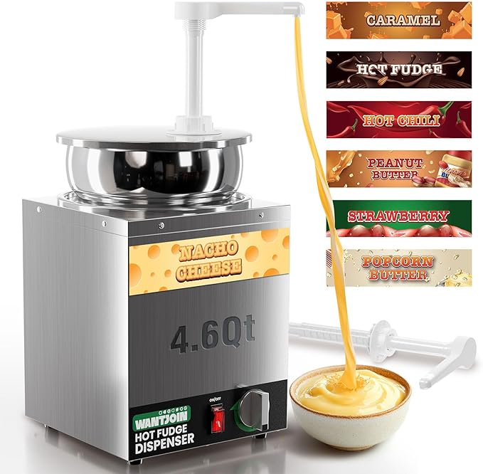 WantJoin 4.6Qt Nacho Cheese Dispenser with Pump - Nacho Cheese Warmer, Commercial Hot Fudge Dispenser W/5-Level Temperature Adjustment for Caramel， Stainless Steel Hot Fudge Warmer