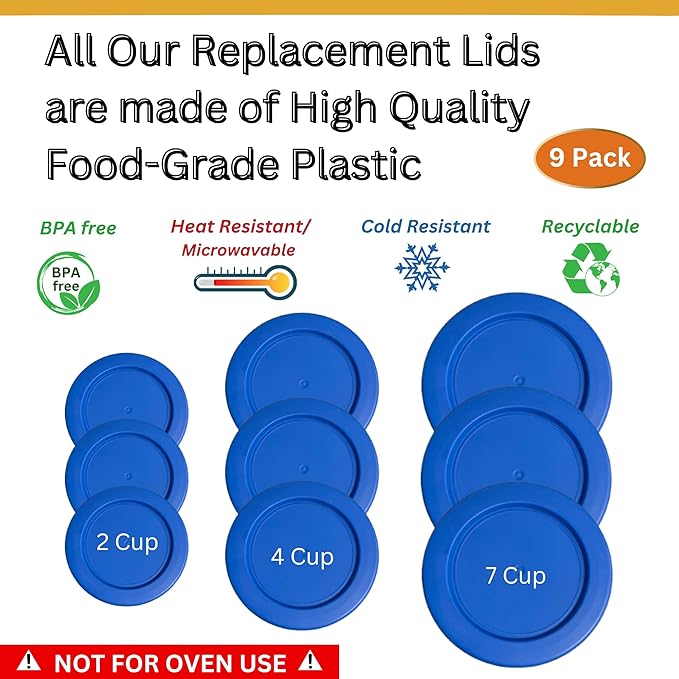 2, 4 & 7 Cup Blue Replacement Lids/Covers for Pyrex, Anchor Hocking & KlareWare Storage Bowls *Lids Only Glass Container Not Included* (9 Pack *Three of Each Size*)