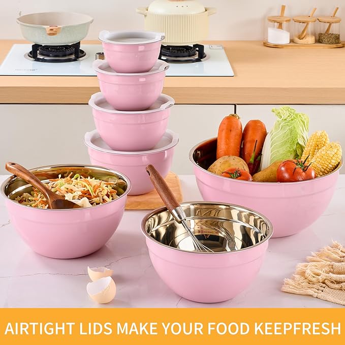 Pink Mixing Bowls with Airtight Lids, Stainless Steel Nesting Mixing Bowls Set of 7, Ideal for Baking, Prepping and Serving Food, Size 7, 3.6, 2.7, 2.1, 1.5, 1.1,0.8 QT, Stackable Design