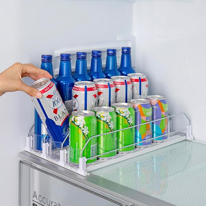 Rula Drink Organizer for Fridge, Width Adjustable Water Bottle Pusher Glide, Self-Pushing Soda Can Dispenser for Refrigerator - Holds up to 15 Cans (15"D, 3 Rows)