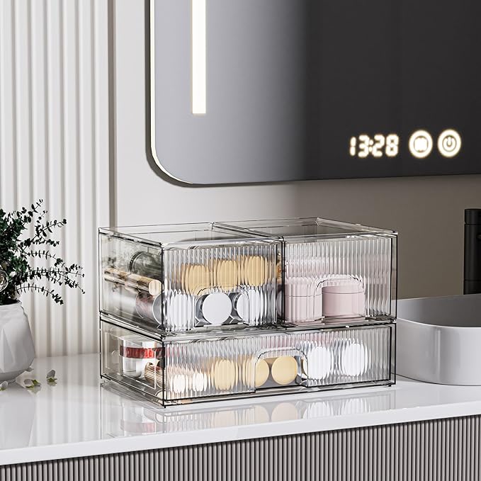 ZHIAI 3 Pack Clear Stackable Cosmetic Organizer with Acrylic Drawers for Cosmetics and Small Items for Dresser, Vanity, Kitchen Cabinet, Pantry, Home Organization and Storage