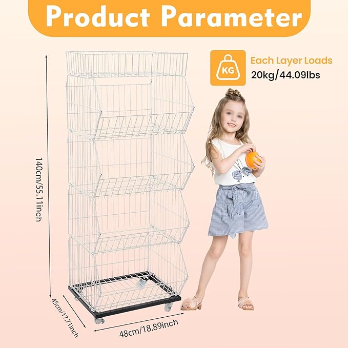 Retail Display Rack 5-Tier Market Merchandise Display Shelf Fruit Store Storage Shelf Vegetable Snack Basket Retail Store Supplies with Wheels for Home Store Market (18" D X 19" W X 55" H- White)
