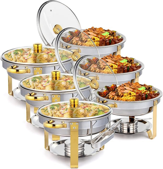 ROVSUN 5QT 6 Pack Chafing Dish Set Gold Accent, Round NSF Stainless Steel Buffet Warmer Chafers with Glass Lid & Lid Holder for Catering Events Parties Weddings Dinners