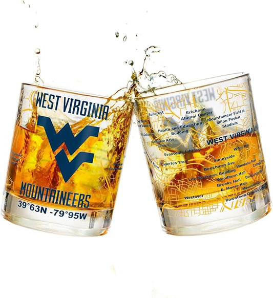 Greenline Goods – University of West Virginia Mountaineers College Whiskey Glasses (Set of 2), 10 oz – Full-Color Logo + Campus Map