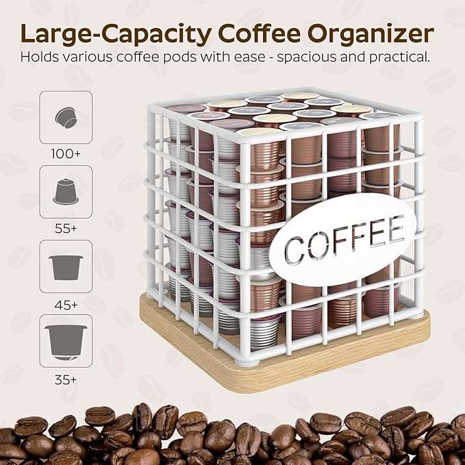 Coffee Pod Holder Organizer, Large Capacity Coffee Pod Basket for K Cup, Coffee Capsule Storage Basket with Wooden Base, Space Saving, for Kitchen Countertop, White and Natural KH10WN