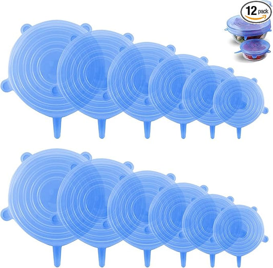 Silicone Stretch Lids – 12 Pack Reusable Food Covers,Flexible Silicone for Bowls, Containers, Fruits – Airtight & Leakproof Seal for Kitchen Storage (Blue)