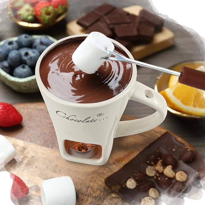 2 Sets Chocolate Fondue Cup with Fork, Ceramic Chocolate Melting Mug, Porcelain Melt Chocolate Fondue Crucible, Mini Fondue Pot for Cheese Caramel Butter