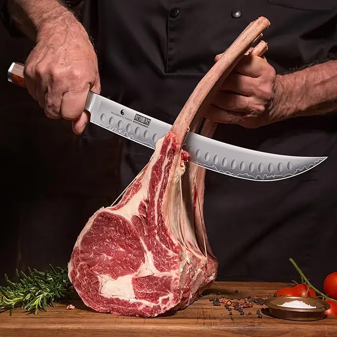 Brisket Slicing Knife 12 Inch, Japanese High Carbon Steel Butcher Breaking Knife with Ergonomic Handle, Razor Sharp Curved Carving Knives for Meat, BBQ