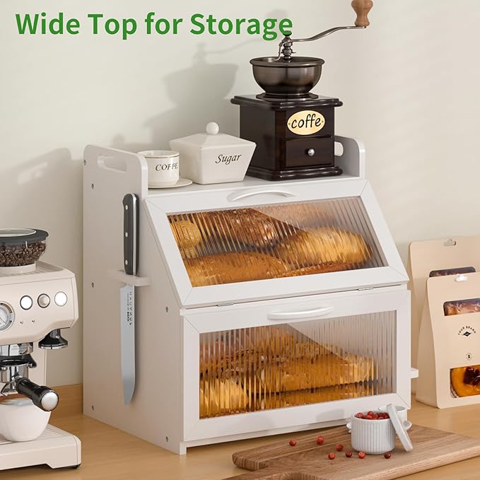 Bread Box, Bread Box for Kitchen Countertop, Large Bread Storage Container for Homemade Bread, Wooden Farmhouse Breadbox Organizers, Double Layer Bread Bin with Acrylic Window Bread Holder,White