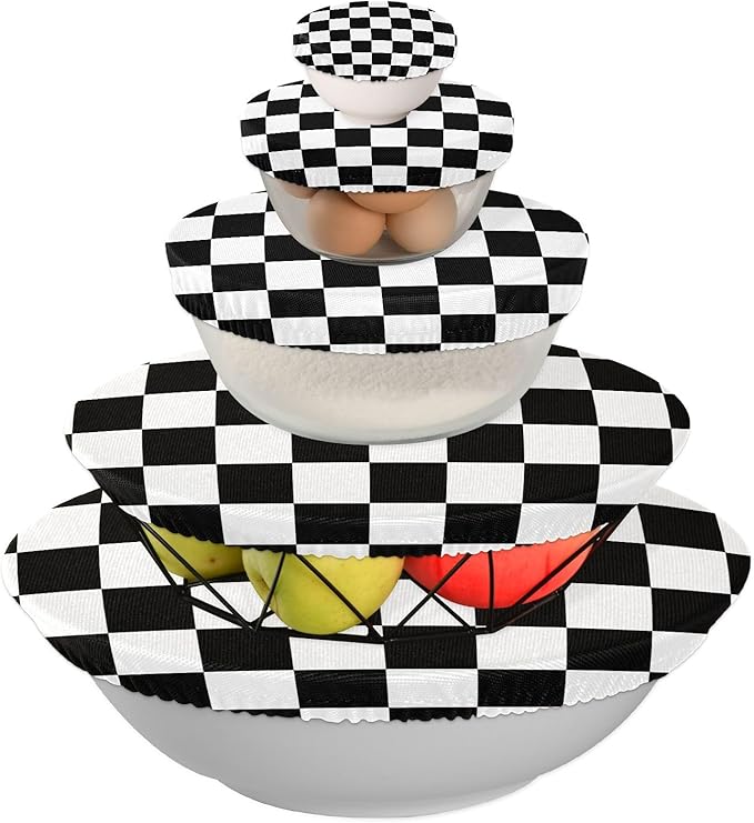 5 Pcs Bowl Covers Reusable in 5 Size Elastic Food Cover Cloth Lids Fresh Keeping Dish Cookware Bakeware Fabric Covers Lids for Food Leftovers Fruits Storage Checkered Black and White