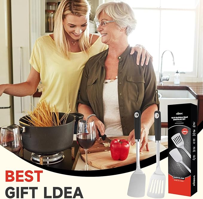 2 Pcs Stainless Steel Spatulas Set,14.2 Silver Slotted Turner, Solid Turner, Kitchen Cooking Utensils Set, High Heat Resistant, Grilling Frying Serving Food, Easy to Clean