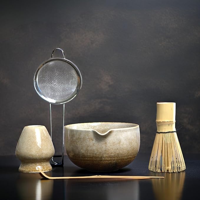 Matcha Whisk Set, Matcha Set, Handcrafted Bamboo Chasen & Ceramic Bowl Matcha Kit, 5 Pcs Matcha Set Whisk and Bowl with Stainless Steel Sifter, Bamboo Scoop & Holder for Matcha Tea Ceremony,Taupe