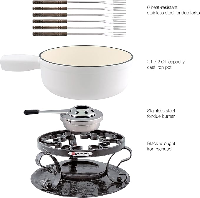 Swissmar Lugano 9 Piece Cast Iron Fondue Set - Matte White