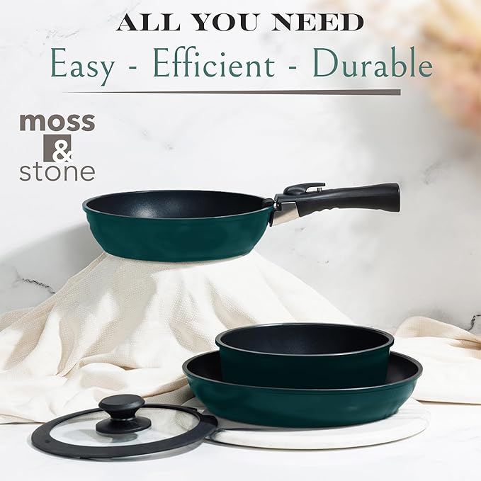 Moss & Stone Aluminum Pots And Pans Set Nonstick, Removable Handle Cookware, Stackable , Dishwasher Safe, Induction Camping Cookware Set. (10 Pieces Blue)