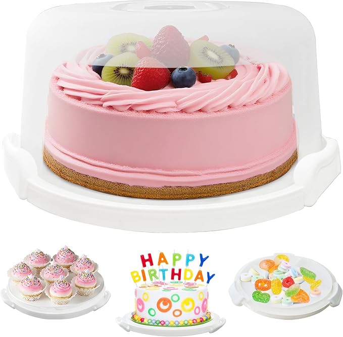 White Plastic Cake Carrier with Lid and Handle, 4 in 1 Multipurpose Cupcake Holder Stand for 11 '' Cake, Round Portable Dessert Storage Container Box with Cover for Pie Pizza Eggs Fruit Snack