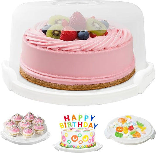 White Plastic Cake Carrier with Lid and Handle, 4 in 1 Multipurpose Cupcake Holder Stand for 11 '' Cake, Round Portable Dessert Storage Container Box with Cover for Pie Pizza Eggs Fruit Snack