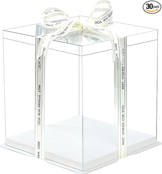 30 Pcs, 12'x12'x11' inch Food Grade Clear Plastic Display Boxes, 29.4 x 29.4 x 25 cm with Ribbon, for Cakes, Bakeries, Desserts, Birthday, Christmas and Thanksgiving