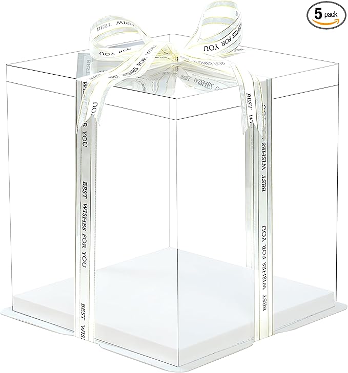 5 Pcs, 12'x12'x11' inch Food Grade Clear Plastic Display Boxes, 29.4 x 29.4 x 25 cm with Ribbon, for Cakes, Bakeries, Desserts, Birthday, Christmas and Thanksgiving