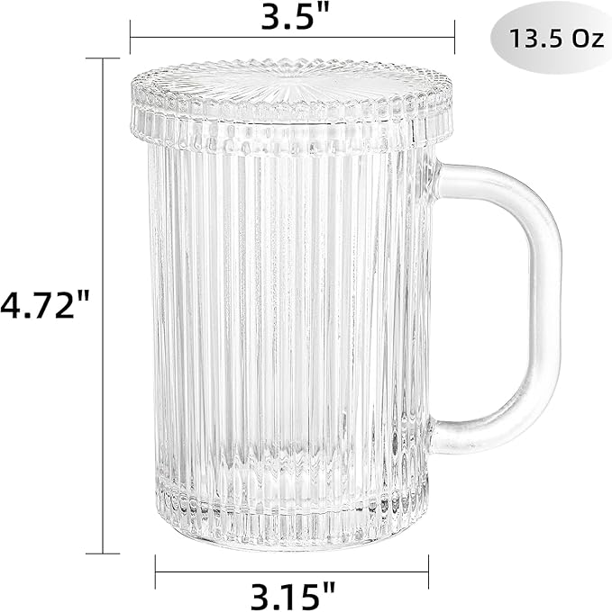 13 oz Clear Ribbed Coffee Mug with Lid, Set of 4 - Classic Glassware for Hot and Cold Beverages (Set of 4)