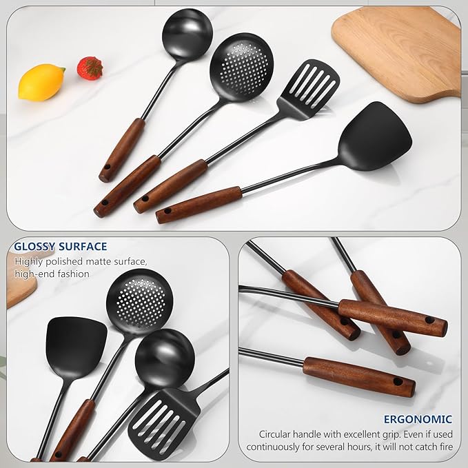 304 Stainless Steel Kitchen Utensils Set, 4 Pcs Long Cooking Utensils Set with Wooden Handle, Large Heat Resistant Kitchen Tools(Black, Dishwasher Safe)