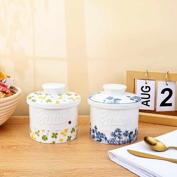 Butter Crock with Water Line, Ceramic Butter French Keeper Dish with Lid for Fresh Spreadable Butter (Forest Blue)