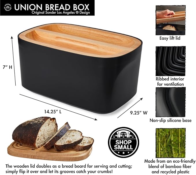 Sonder Los Angeles, Modern Bamboo Fiber and Recycled Plastic Bread Box (Black) for Kitchen Countertop with Reversible Bread Board Wood Lid 14.25 x 9.25 x 7 in