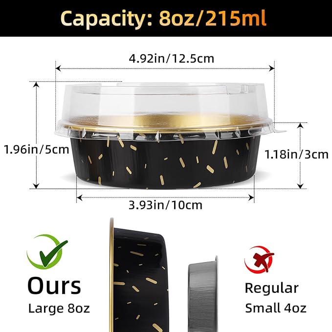 Beasea Pie Tins with Lids 8oz, 120 Pack 4 Inch Disposable Mini Creme Brulee Ramekins Gold Black Small Aluminum Foil Pie Tart Cake Baking Pans Individual Round Containers Oven Safe for Baking
