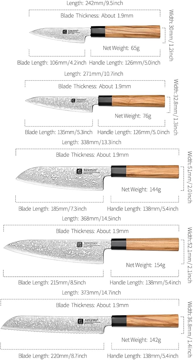 XINZUO 5 Pieces Kitchen Knife Set without Block, Hand Forged 67 Layers Damascus Steel Professional Chef Knife Set,Ultra Sharp,Olive Wood Octagonal Handle