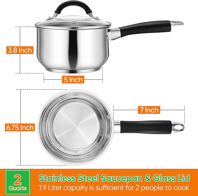P&P CHEF 2 Quart Sauce Pan with Lid, Stainless Steel Saucepan, Small Milk Pot for Multipurpose Cooking, Visible Glass Lid & Stay-cool Silicone Handle & Tri-Ply Base, For All Stoves & Dishwasher Use