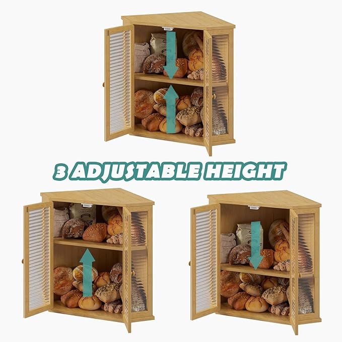 Corner bread box Bread Box for Kitchen Countertop - Corner Bread Storage Box 16.5" H, Premium Pine Wood with Glass Door, Perfect for Homemade Bread, Baguettes & Pastries (Bamboo)