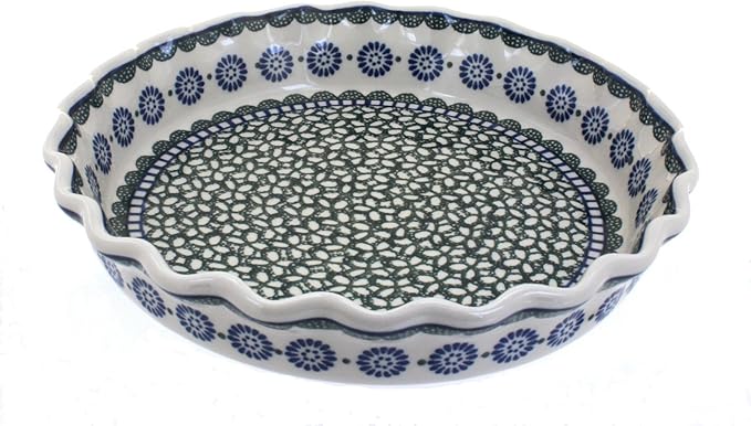 Blue Rose Polish Pottery - Green Maia Pie Plate - 10" Diameter - Ceramic Baking Dish, For Pies, Quiches & Desserts