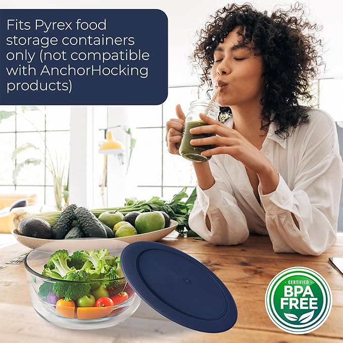 Replacement Lids for Pyrex Containers Round Glass Food Plastic - (2) 2-Cup Navy, (2) 4-Cup Purple, (2) 7-Cup Dark Red- BPA-Free, Dishwasher & Microwave Safe