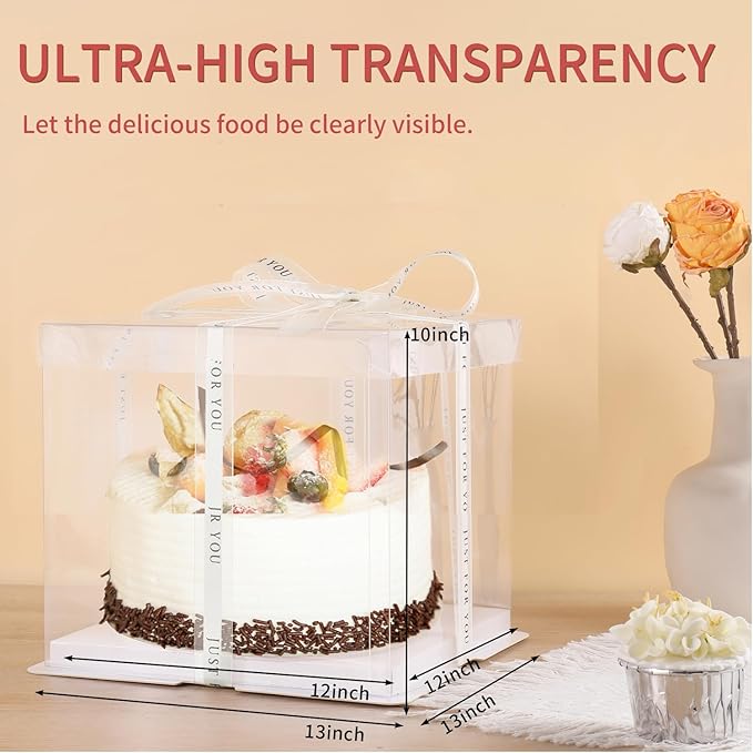 12x12x10inch 6Pcs Tall Cake Boxes Clear cake Box with Ribbon,Pre Folded Lid for 10" and 11" Inch Tall Layer Tiered Cakes and Bakery Display Birthday Wedding Party(Clear Lid, 12*12*10inch/6Pcs)