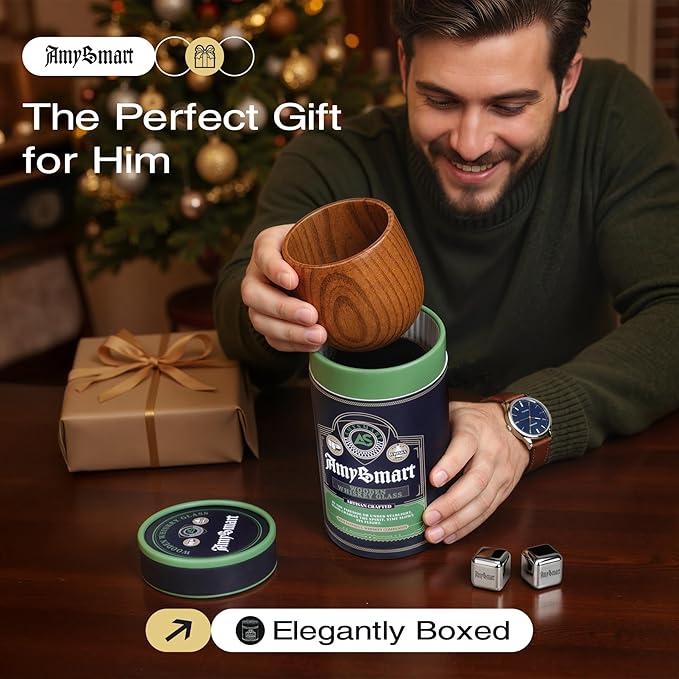 Handcrafted Wooden Whiskey Glass with Gift Tube – Charred Old Fashioned Glass,Charred Bourbon Drinking Cup | Unique Whiskey Gift for Men, Dad, Husband, Friends, Birthday & Holiday (1 Pack)