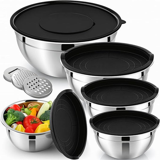 Mixing Bowls with Airtight Lids Set of 5, Stainless Steel Mixing Bowls with 3 Grater Attachments, Nesting Salad Bowl for Prepping, Serving, Cooking, Kitchen, 0.75/1/1.5/2.5/4.5QT, Black