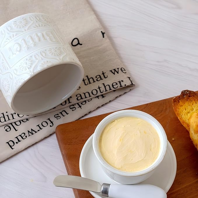 Ceramic Butter Crock with Lid, French Butter Dish with Water Line for Countertop, Butter Keeper for Spreadable Butter, Container Holder for Kitchen and Home Decor, 6.7 OZ, Vintage White
