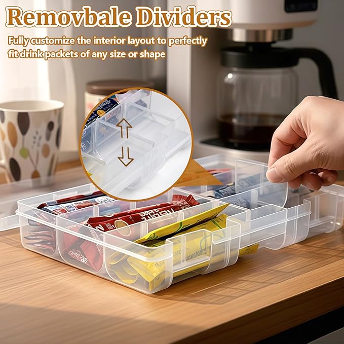 Water Packet Organizer – Stackable Clear Acrylic Water Flavor Packet Organization with Removable Dividers & Secure Lid for Kitchen, Countertop, Pantry, and Travel (Red)