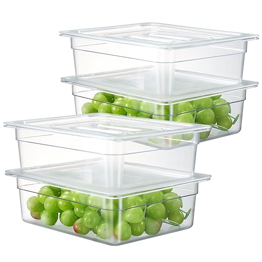 CURTA 4-Pack 1/2 Size 4" Deep NSF Polycarbonate Food Pans with Handled Lids & Drain Trays | Dishwasher & Freezer Safe Clear Container for Prep Tables, Buffet, Salad Bar, Commercial Kitchen