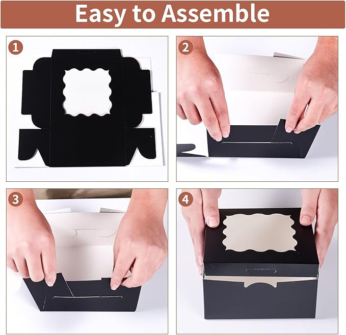6x6x3 Inches Small Cake Box with Window, Bakery Box, Pastry Boxes, Cookie Boxes, Mini Pie Box for Pastry,Dessert,Strawberries,Chocolates, Cupcakes with paper stickers (Black/36pcs)