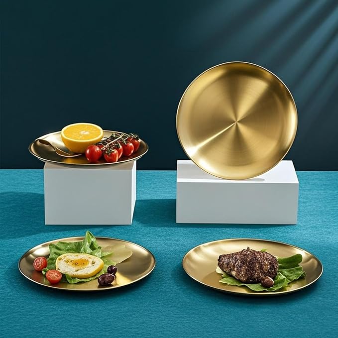 18/8 Stainless Steel Dinner Plate for Main Dishes, Grilled Meat, Dessert, Salad, and Fruit - 9 Inches (23 cm) Large Capacity(Gold-6PC)