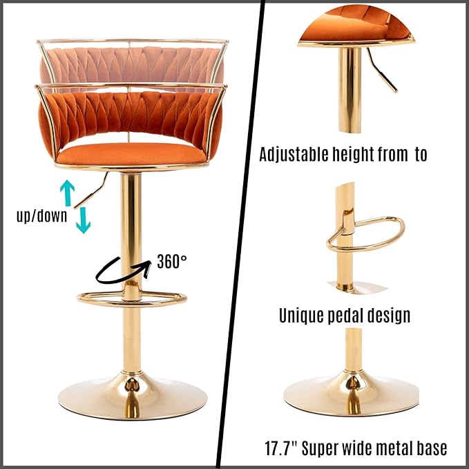 LukeAlon Velvet Adjustable Barstools Set of 4, Modern 360° Swivel Counter Stools with Golden Base Upholstered Open Back Tall Bar Chairs with Footrest for Home Kitchen, Orange