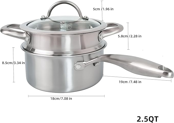 2.5 Quart Stainless Steel Saucepan with Steamer Basket, 18/10 Tri-ply Full Body, Multipurpose Sauce Pot with glass Lid, Perfect For Boiling Gravies, Pasta, Noodles