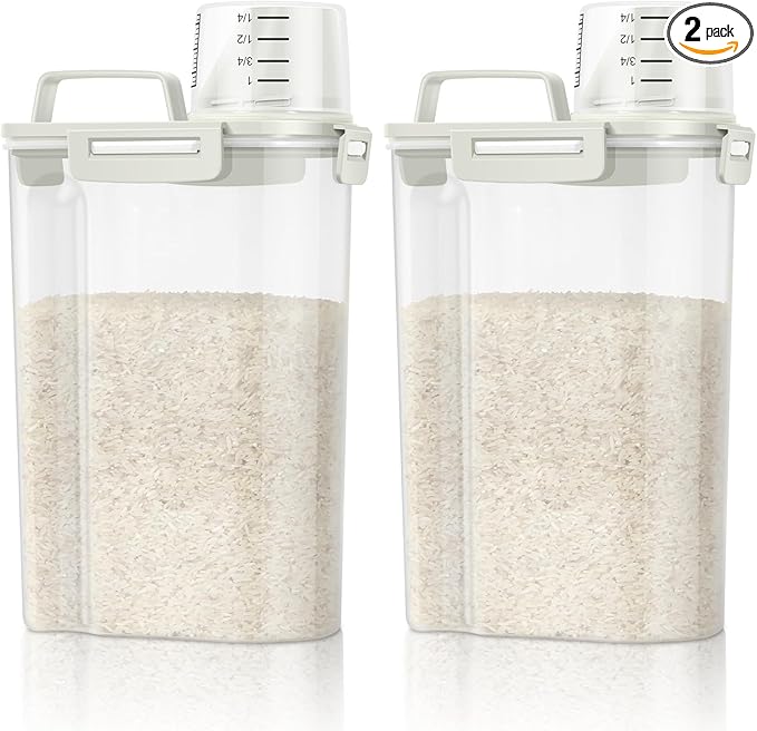 TBMax Rice Container Cereal Storage Container 2 Pack 5 Lbs, Kitchen Pantry Dry Food Storage Holder with Easy-Pouring Spout & Handy Cup, Small Pet Dog Cat Food Dispenser for Daily Feeding -Beige