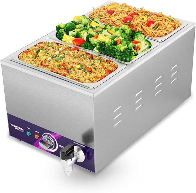 3-Pan Commercial Food Warmer with Non-Leakage Stretch-Forming Water Tank &3 of 1/3 Size GN Pan,Countertop Soup Station Bain Marie with Drain Tap for Buffet,Catering,Parties and Restaurants